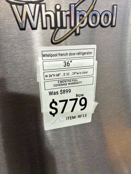 Whirlpool French door refrigerator stainless steel 36” ice maker water dispenser
