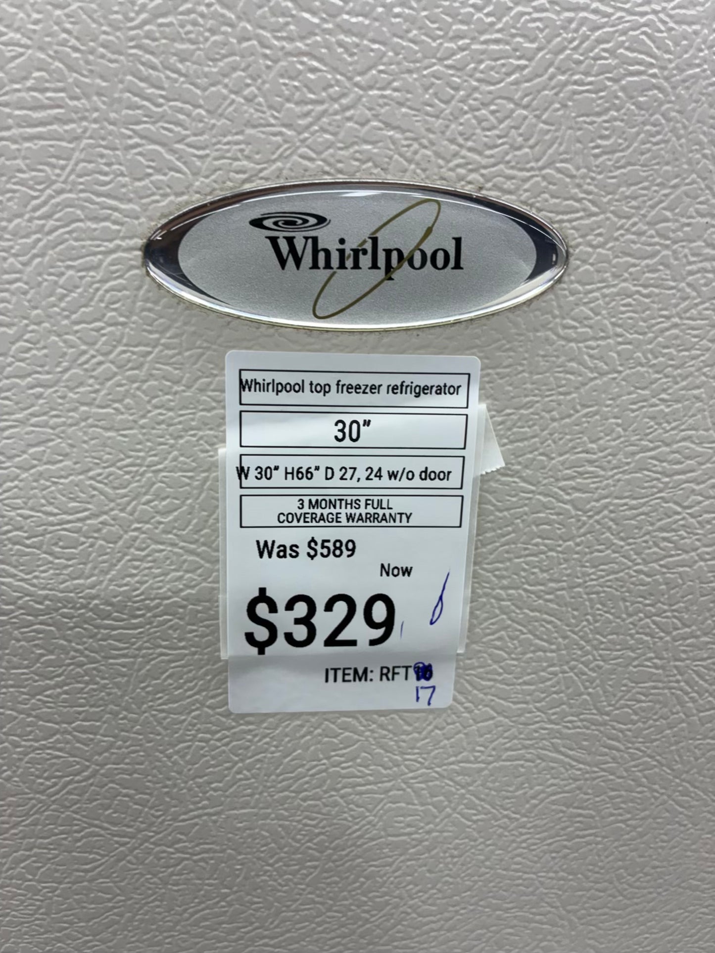 Whirlpool top freezer refrigerator beige 30”