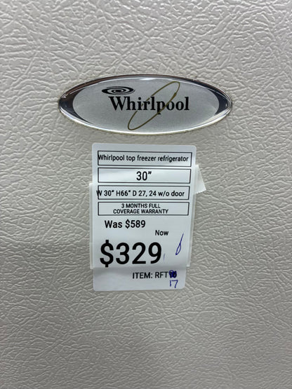 Whirlpool top freezer refrigerator beige 30”