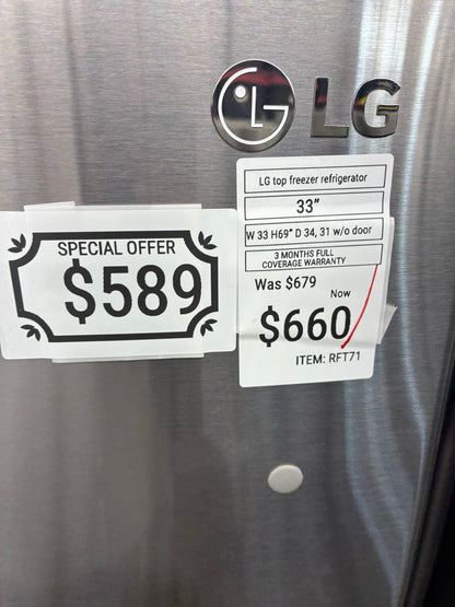 LG bottom freezer refrigerator  33” stainless steel