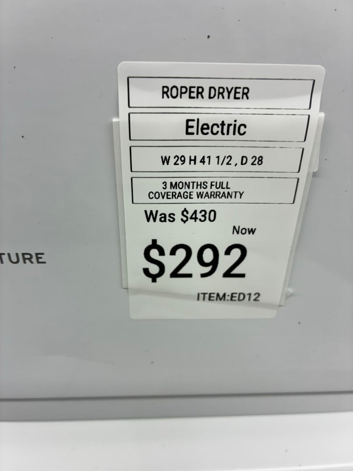 Roper electric dryer 29” large capacity