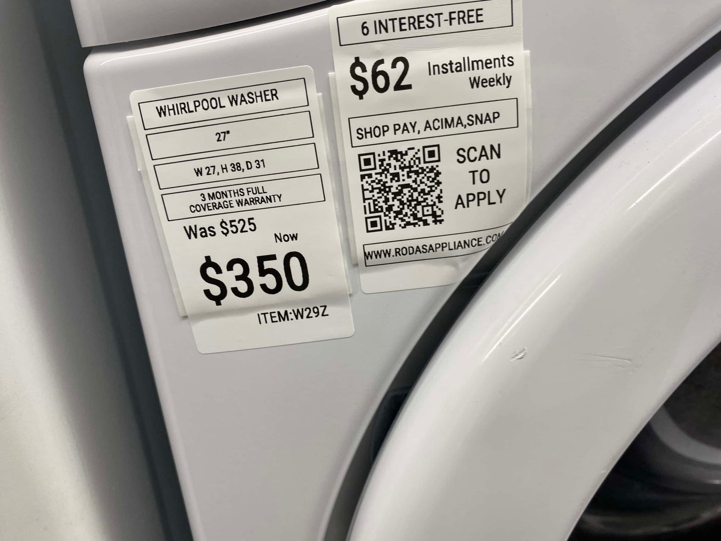 ITEM #W29Z Whirlpool front load washer machine  super capacity 27”