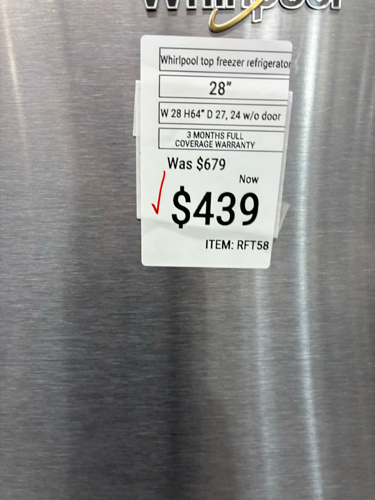 Whirlpool top freezer refrigerator stainless steel 28l