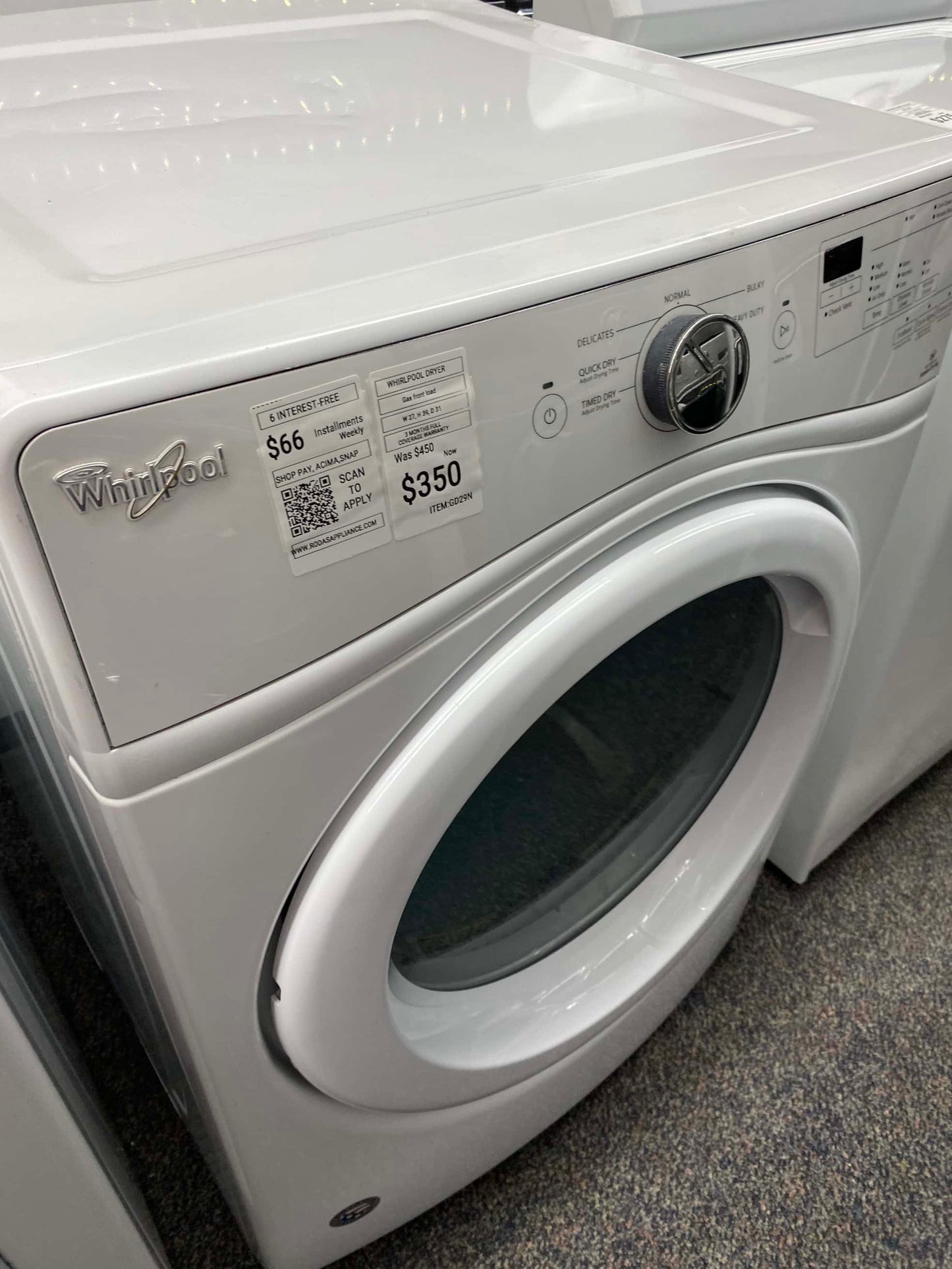ITEM #GD29N Whirlpool GAS dryer large capacity stainless steel drum 27”