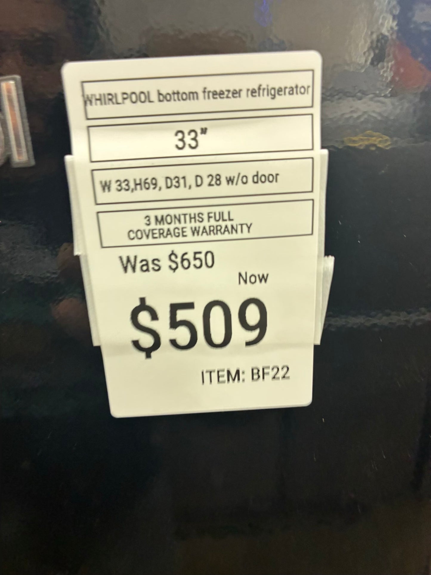 Whirlpool bottom freezer refrigerator black 33”