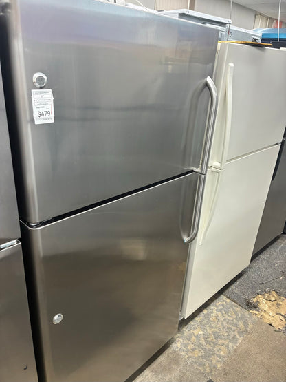 GE top freezer refrigerator stainless steel 33”