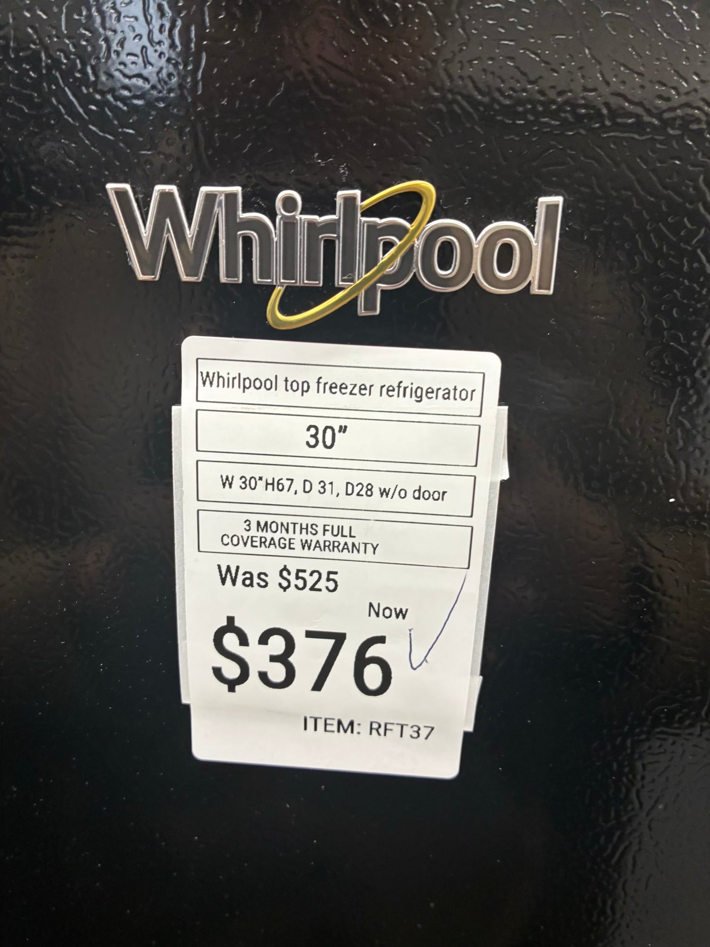 Whirlpool Top Freezer Refrigerator 30” black