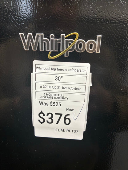 Whirlpool Top Freezer Refrigerator 30” black