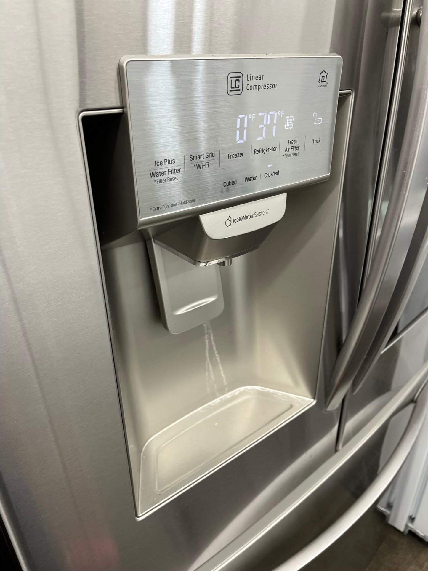 - ITEM: #RF73k LG french door refrigerator stainless steel 36” with water dispenser and ice maker inside