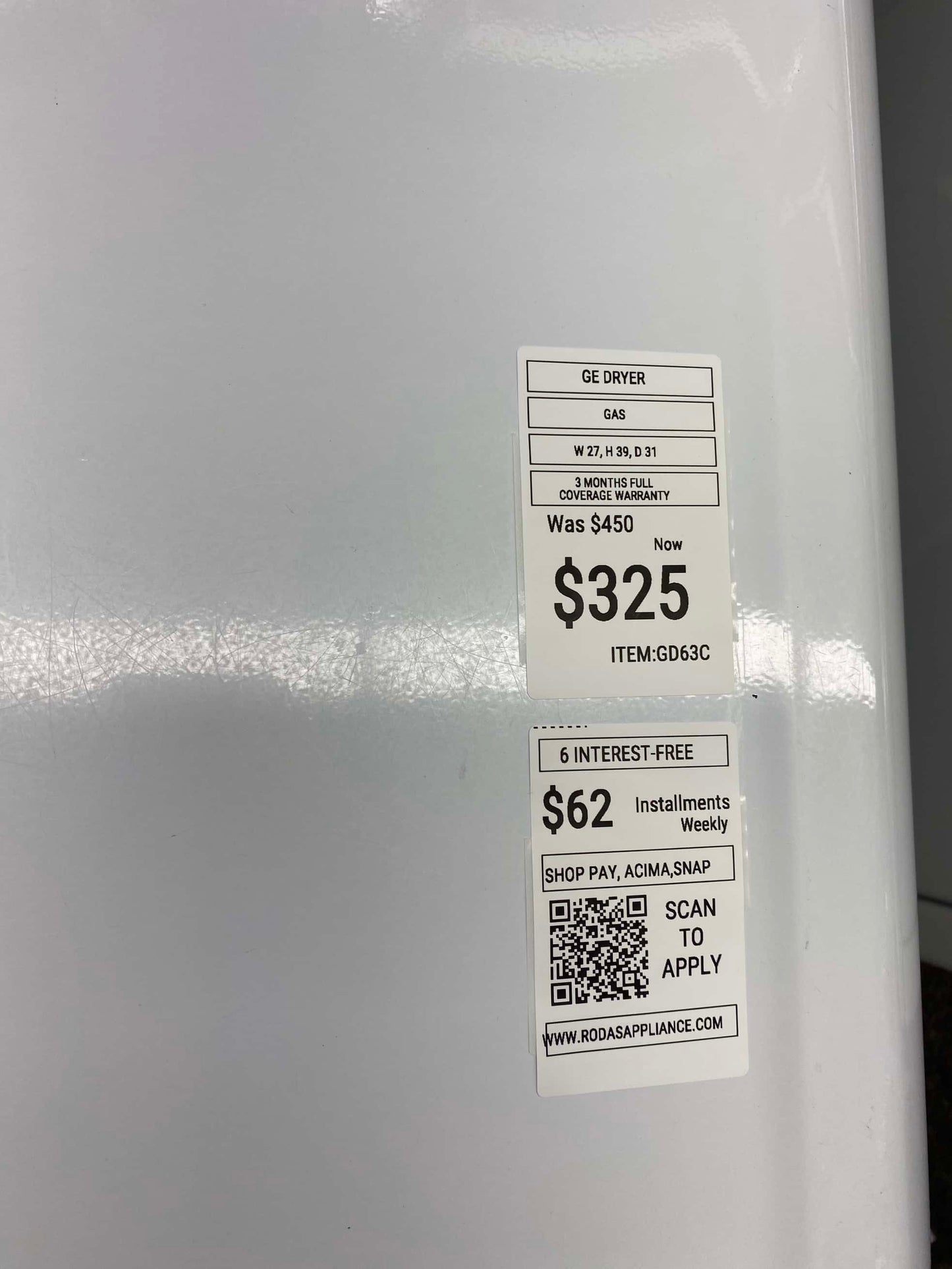 ITEM #GD63C GE  gas dryer Side x Side 27”