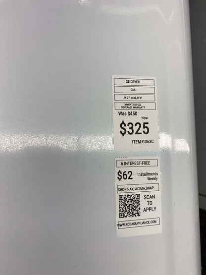 ITEM #GD63C GE  gas dryer Side x Side 27”