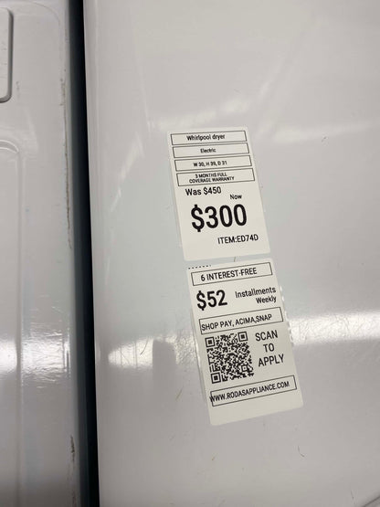 TEM: #ED74D Whirlpool  cabrio electric dryer large capacity side x side 29 in