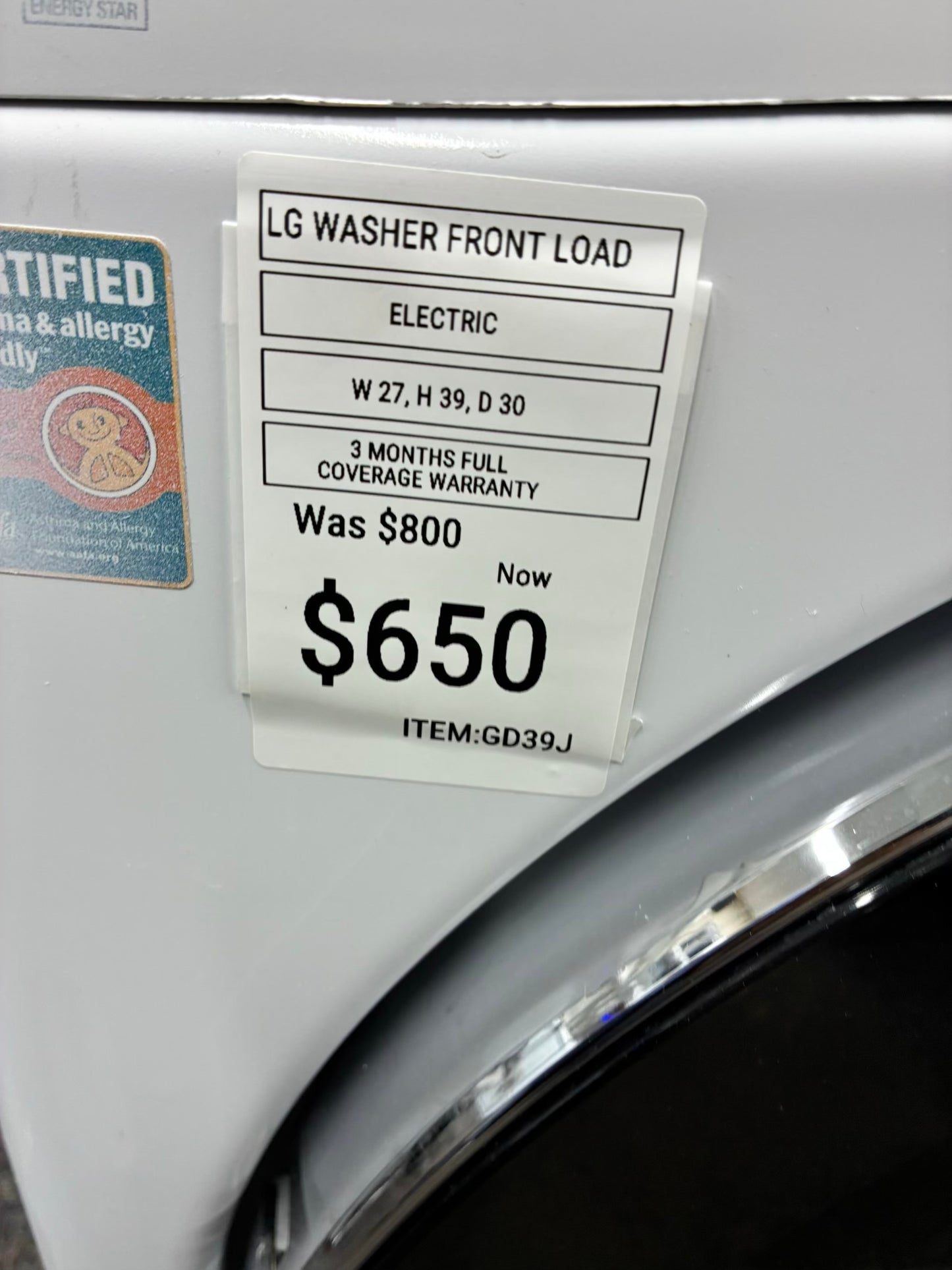 LG WASHER N DRYER FRONT LOAD ELECTRIC 27” WHITE