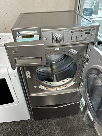 Kenmore  Electric Dryer 27”  white front load with pedestal