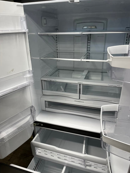 ^ Item: #RF42B GE french door refrigerator slate stainless steel w/ ice and water dispenser 36” in