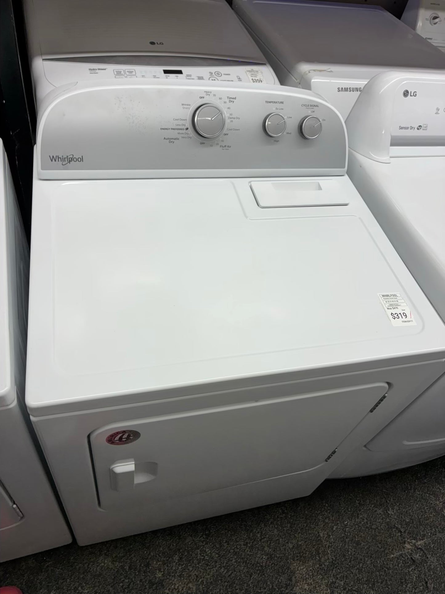 Whirlpool electric dryer 29” large capacity white