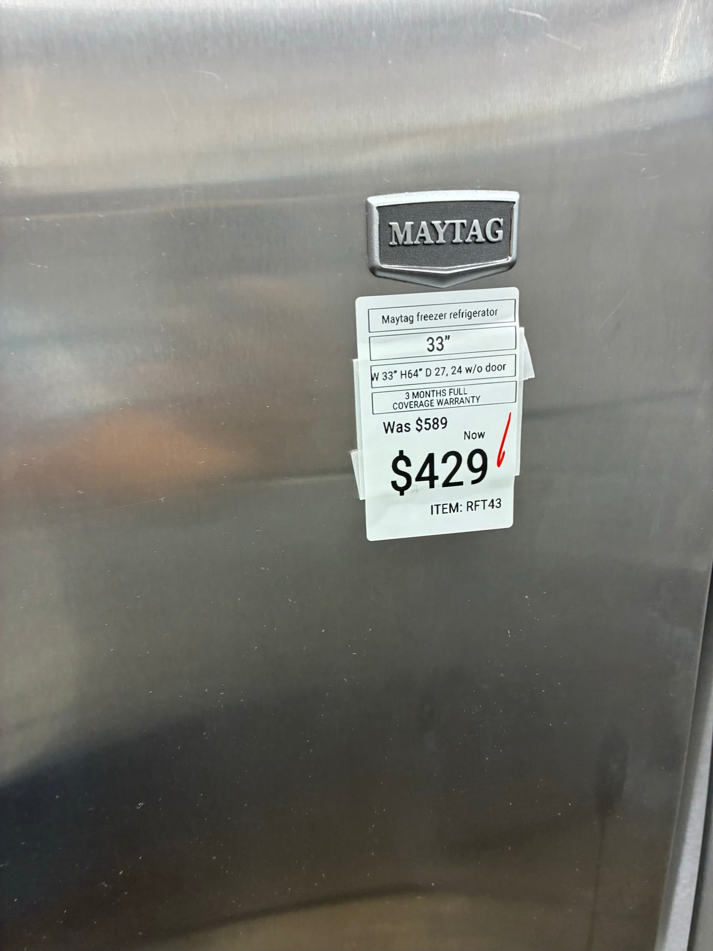 Maytag top freezer refrigerator stainless steel 33”