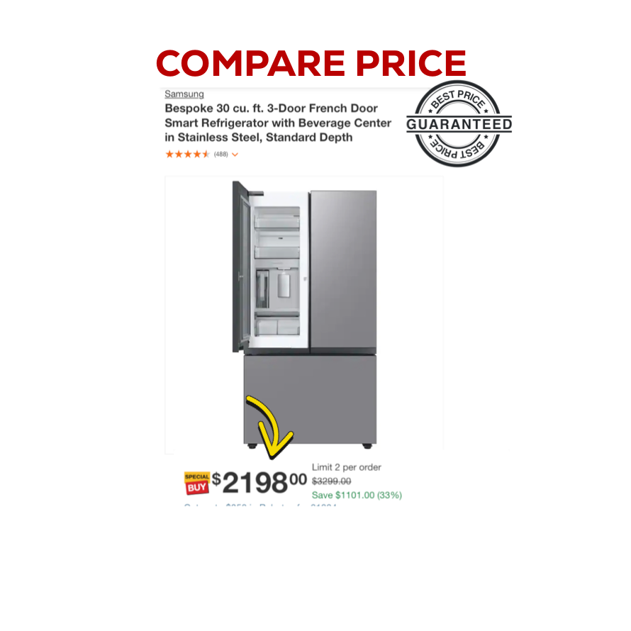 Item : #RF1076 Samsung Bespoke Open Box 30 cu. ft. 3-Door French Door Smart Refrigerator with Beverage Center in Stainless Steel, Standard 36” Depth RF789 - ST2